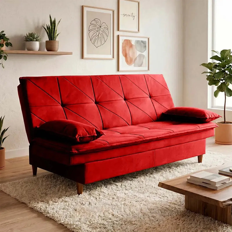 Sofá Cama Pérsia 3 Lugares Suede Velut Vermelho