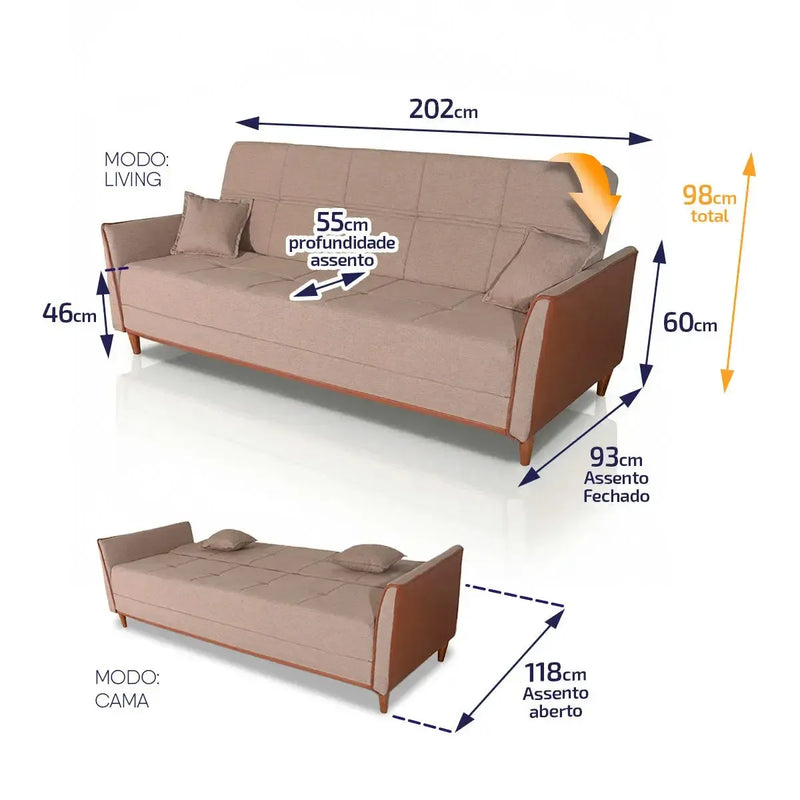 Sofá-cama Sérvia 2,0m bege linho rústico, com dimensões detalhadas nos modos living e cama.