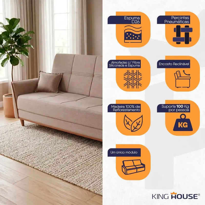 Sofá-cama Sérvia bege de linho rústico 2,0m com design moderno e almofada, ao lado de infográfico de características.