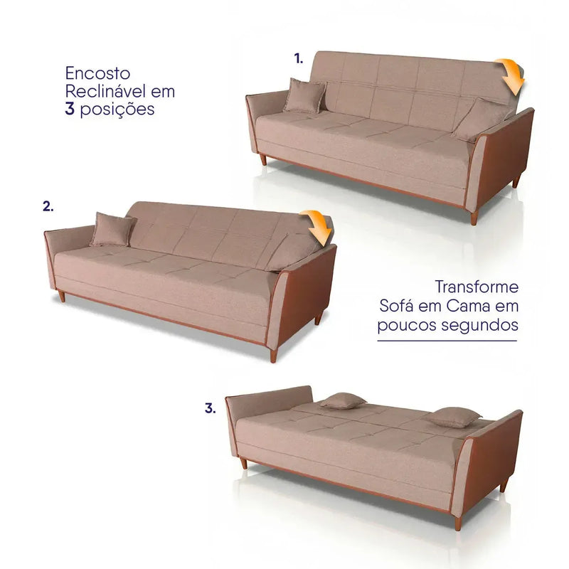 Sofá-cama Sérvia 2,0m bege de linho rústico, com encosto reclinável em 3 posições, transformando em cama.