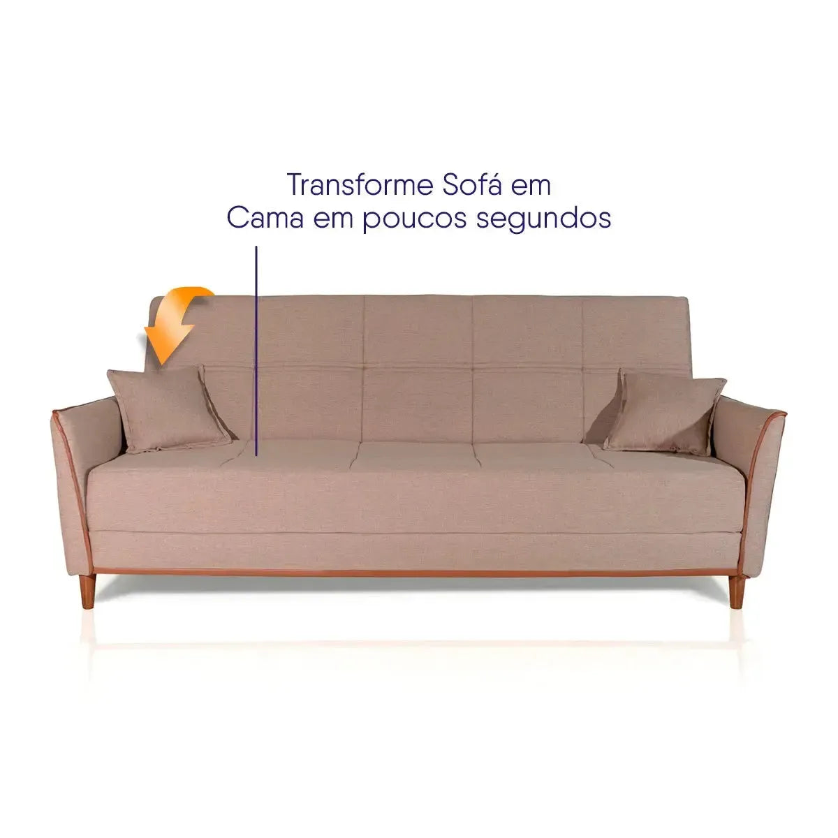 Sofá-cama Sérvia 2,0m bege de linho rústico com almofadas, transformando-se em cama.