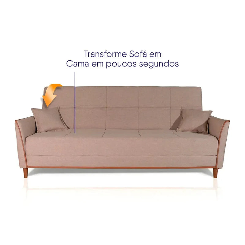 Sofá-cama Sérvia 2,0m bege de linho rústico com almofadas, transformando-se em cama.