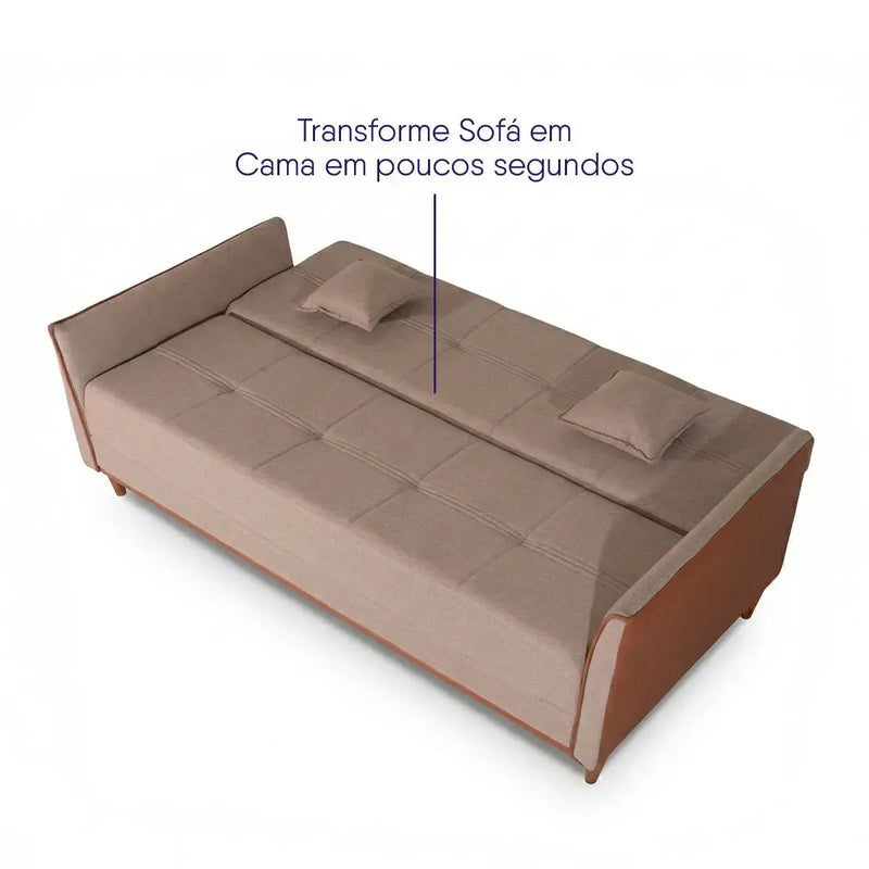 Sofá-cama Sérvia 2,0m bege linho rústico, transformado em cama, com almofadas e detalhes marrons.
