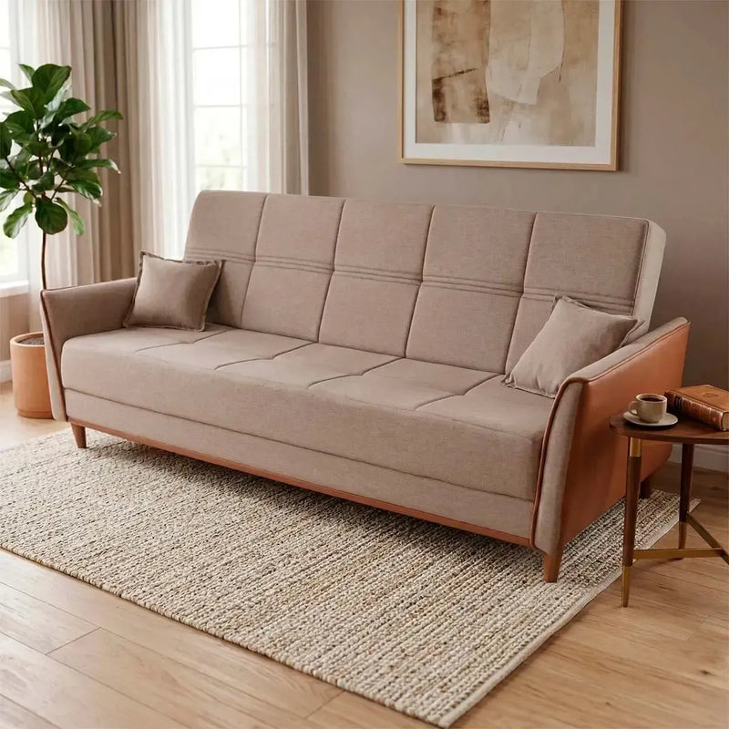 Sofá-cama Sérvia 2,0m bege linho rústico, com design moderno e almofadas, em sala aconchegante.