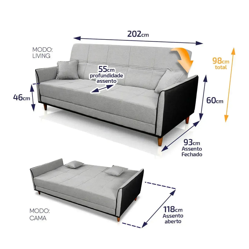 Sofá cama Sérvia cinza linho rústico, 2,0m, com braços pretos e dimensões detalhadas.