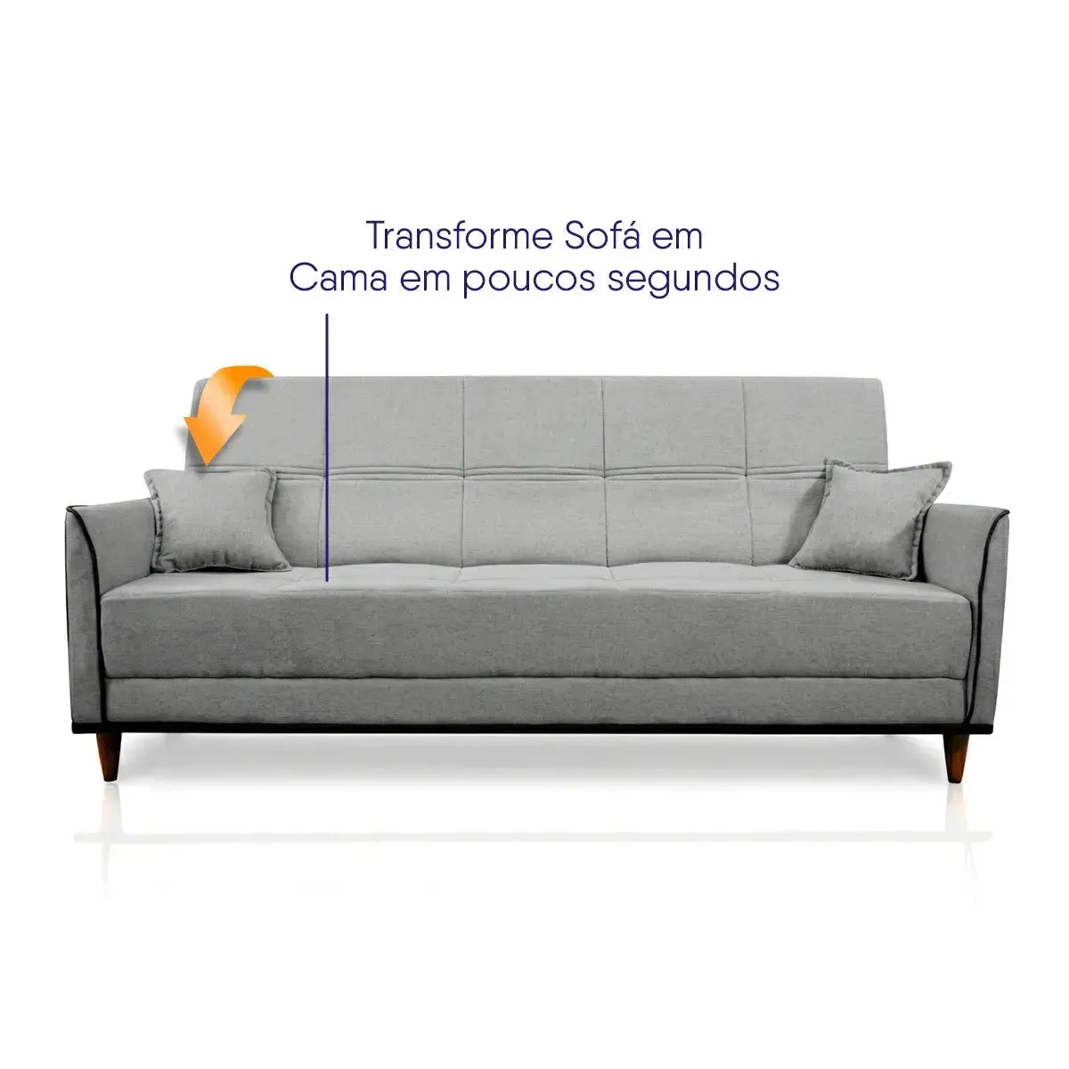Sofá Cama Sérvia cinza de linho rústico, 2,0m, com almofadas e pés de madeira.