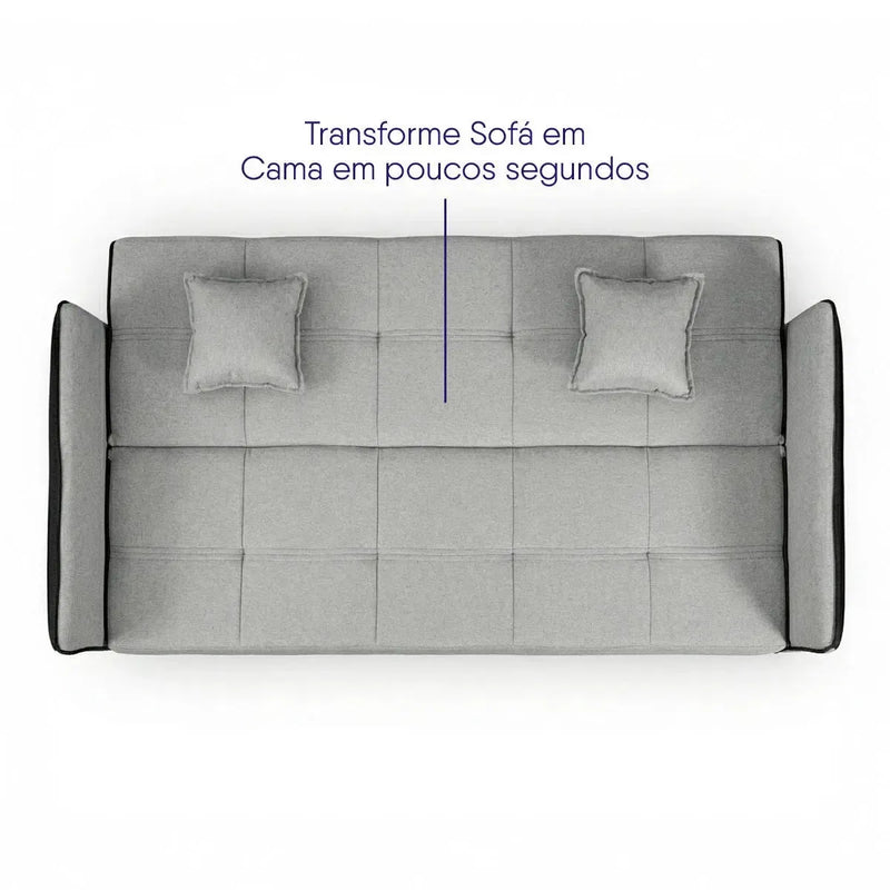 Sofá Cama Sérvia cinza linho rústico, 2,0m, com almofadas e bordas pretas, visto de cima.