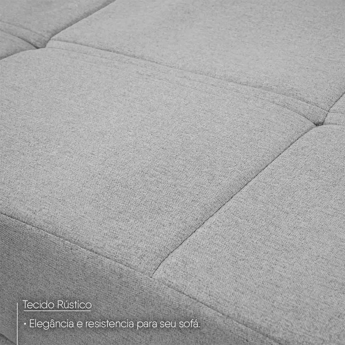 Sofá cama Sérvia cinza linho rústico, detalhe do tecido elegante e resistente.