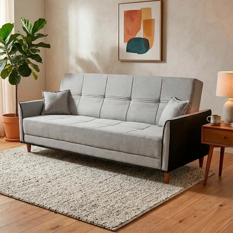 Sofá-cama Sérvia cinza linho rústico, design moderno com braços pretos e pés de madeira.