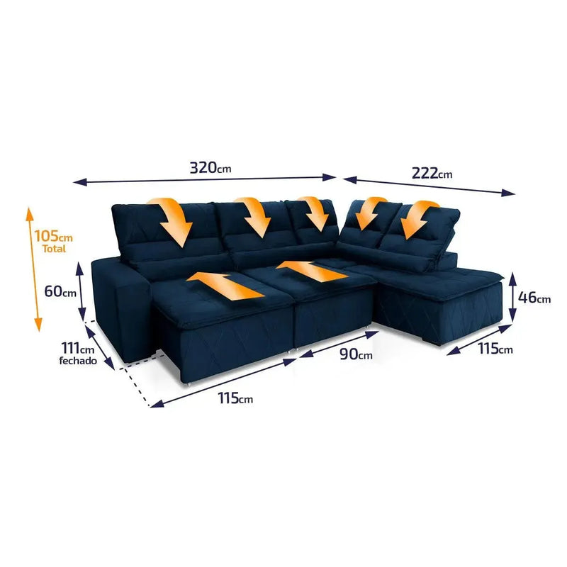 Sofá de canto Amsterdam azul em suede velut, retrátil e reclinável, com dimensões detalhadas.