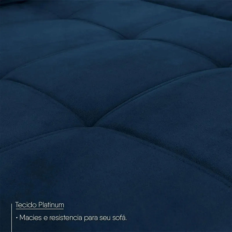 Sofá de canto Amsterdam azul em suede velut, com molas retrátil e reclinável, detalhe do tecido Platinum.