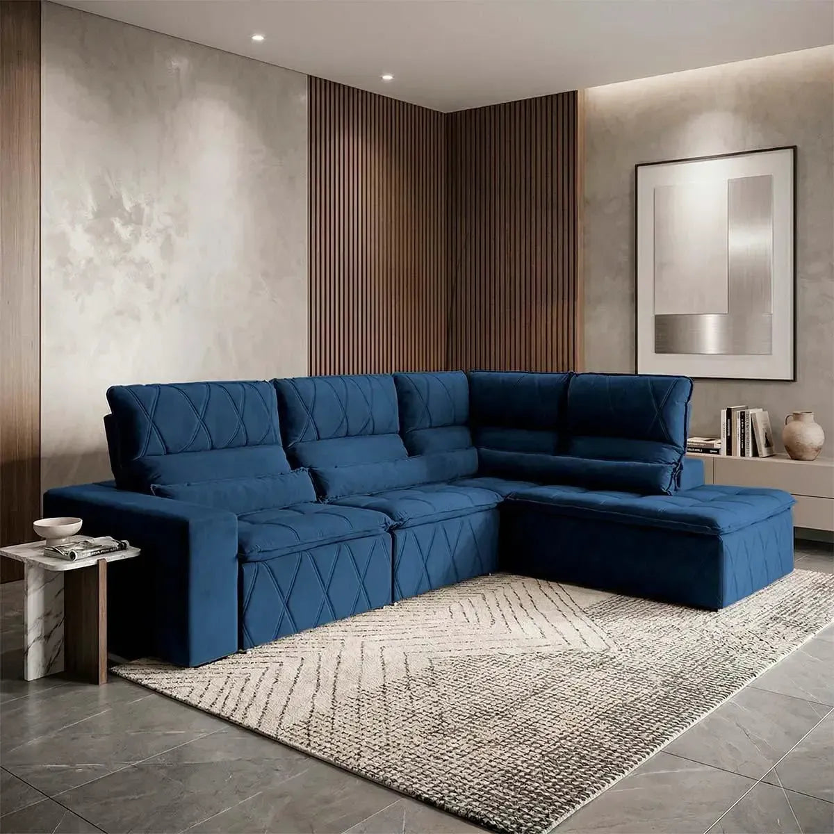 Sofá de canto Amsterdam azul em suede velut, retrátil e reclinável, com molas e design moderno.