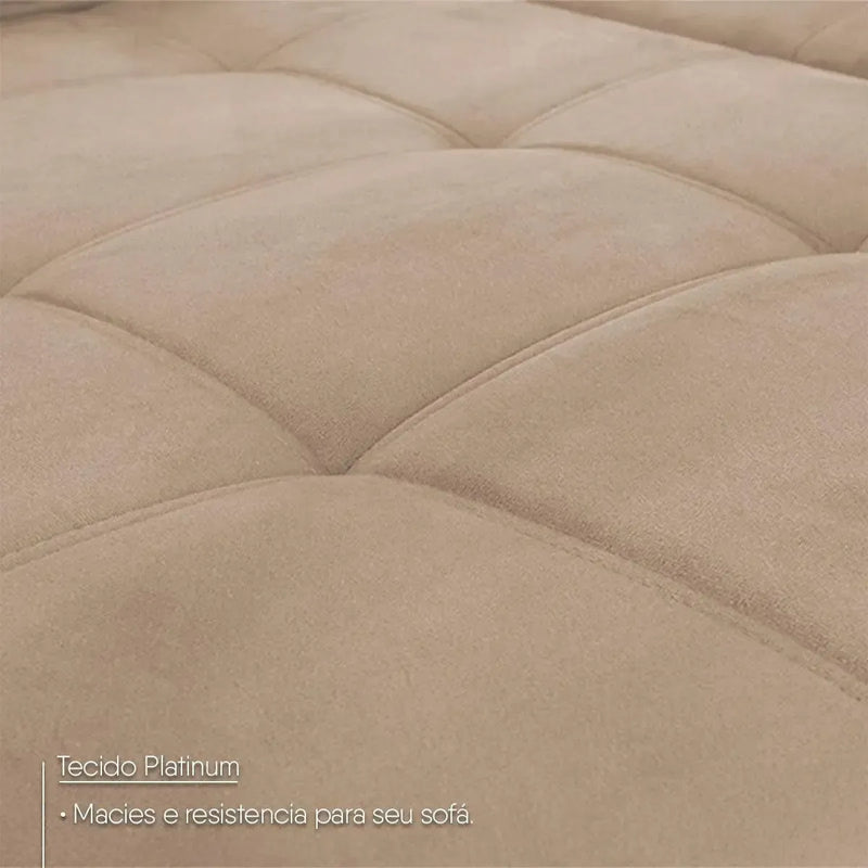Sofá de canto Amsterdam bege com tecido suede velut platinum, molas retrátil e reclinável.