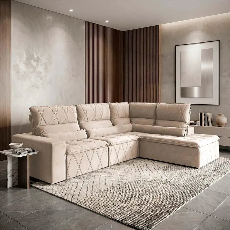 Sofá de canto Amsterdam bege, retrátil e reclinável, em suede velut, com design moderno.
