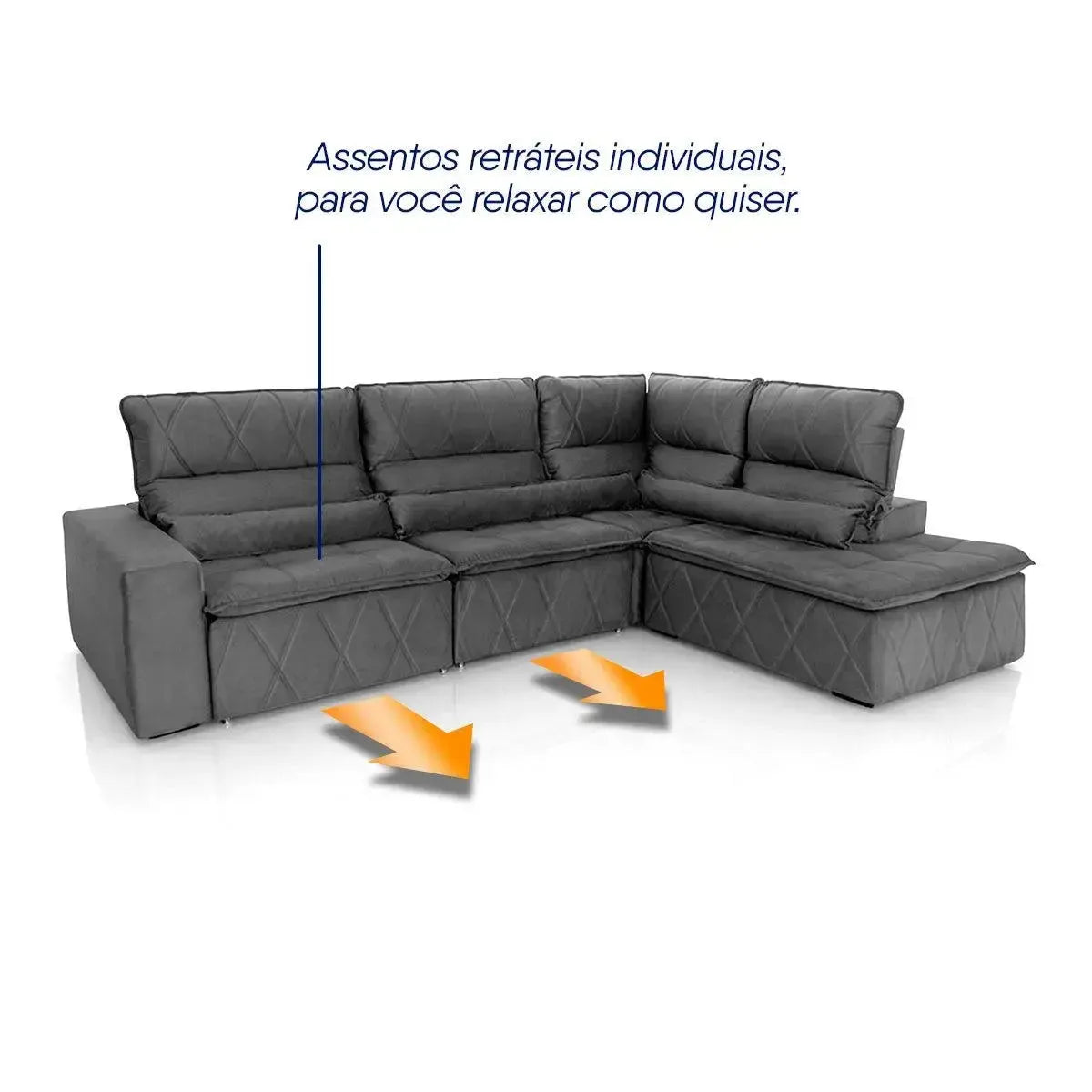 Sofá de canto Amsterdam cinza em suede velut, retrátil e reclinável, com assentos individuais.