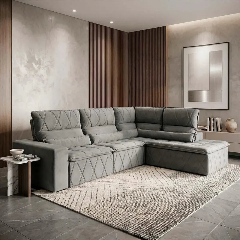 Sofá de canto Amsterdam cinza, retrátil e reclinável, com estofamento em suede velut e molas.