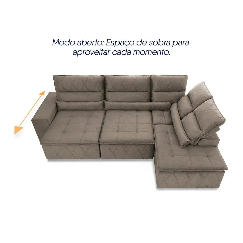 Sofá de canto Amsterdam marrom claro, retrátil e reclinável, com molas e estofamento em suede.