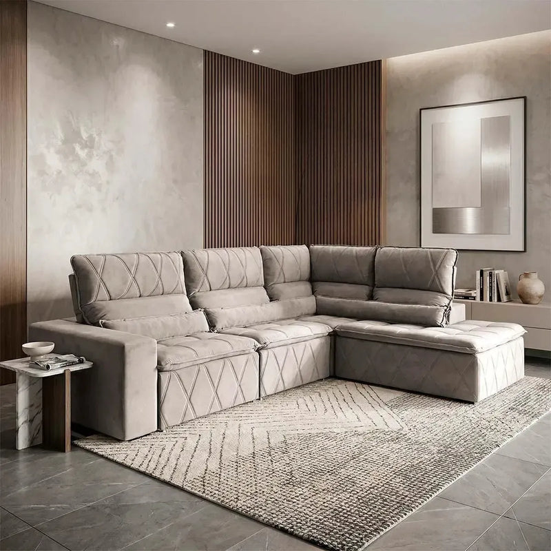 Sofá de canto Amsterdam retrátil reclinável em suede velut marrom claro com molas espirais.