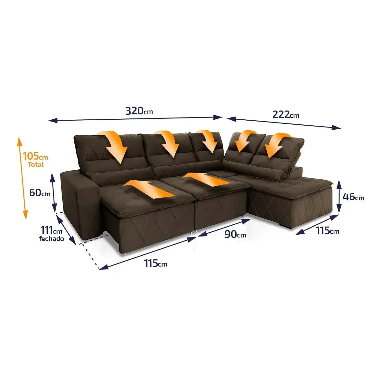 Sofá de canto Amsterdam marrom em suede, retrátil e reclinável, com dimensões detalhadas.