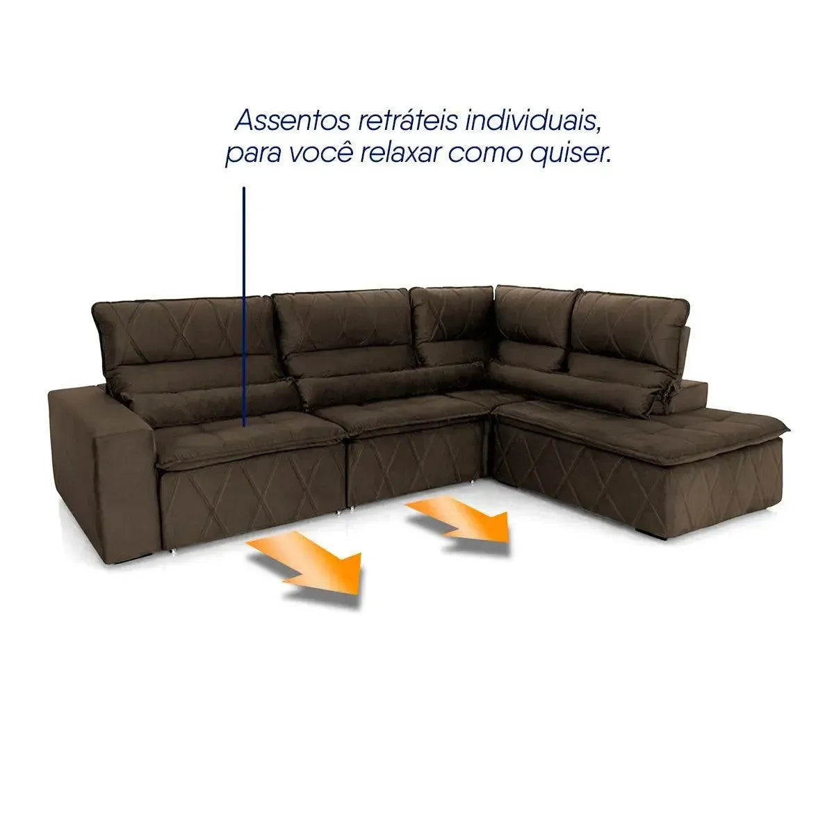 Sofá de canto Amsterdam marrom em suede, retrátil e reclinável, com assentos individuais.