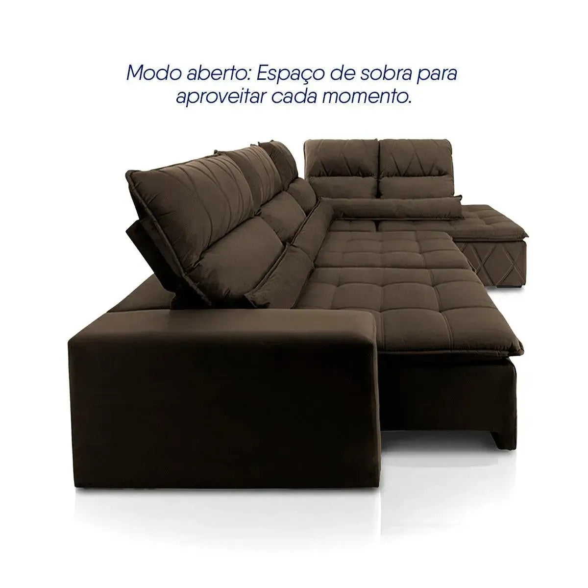 Sofá de canto Amsterdam marrom em suede velut, retrátil e reclinável, com molas espirais.
