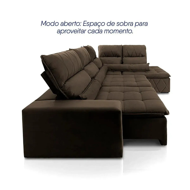 Sofá de canto Amsterdam marrom em suede velut, retrátil e reclinável, com molas espirais.