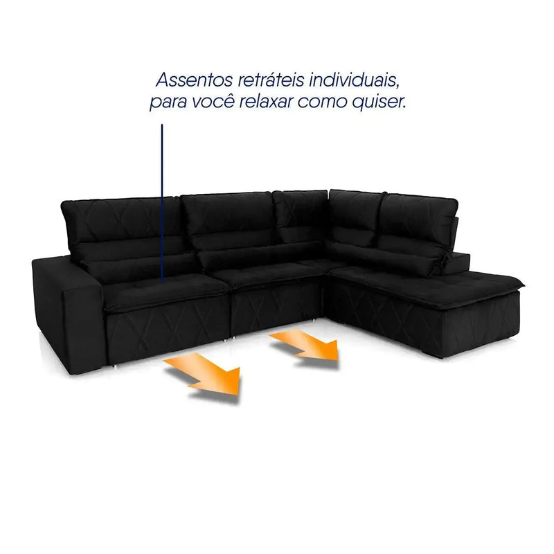 Sofá de canto Amsterdam preto em suede velut, retrátil e reclinável, com assentos individuais.