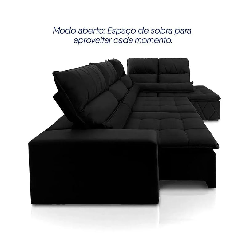Sofá de canto Amsterdam preto em suede velut, retrátil e reclinável, com molas espirais.