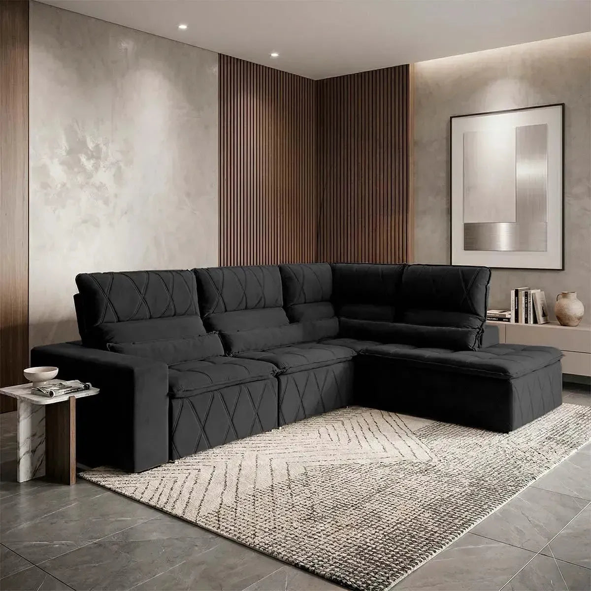 Sofá de canto Amsterdam preto em suede velut, retrátil e reclinável, com molas espirais e design moderno.
