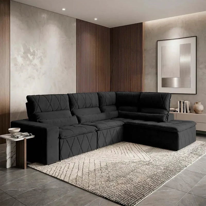 Sofá de canto Amsterdam preto em suede velut, retrátil e reclinável, com molas espirais e design moderno.