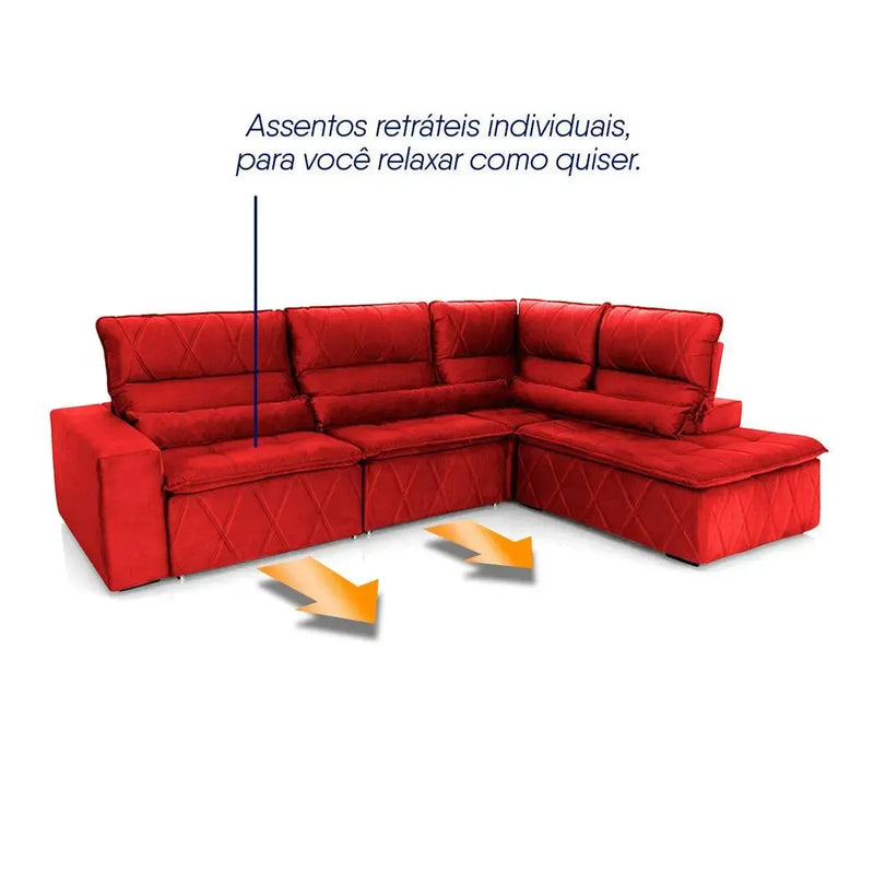 Sofá de canto Amsterdam vermelho em suede velut com assentos retráteis e encosto reclinável.