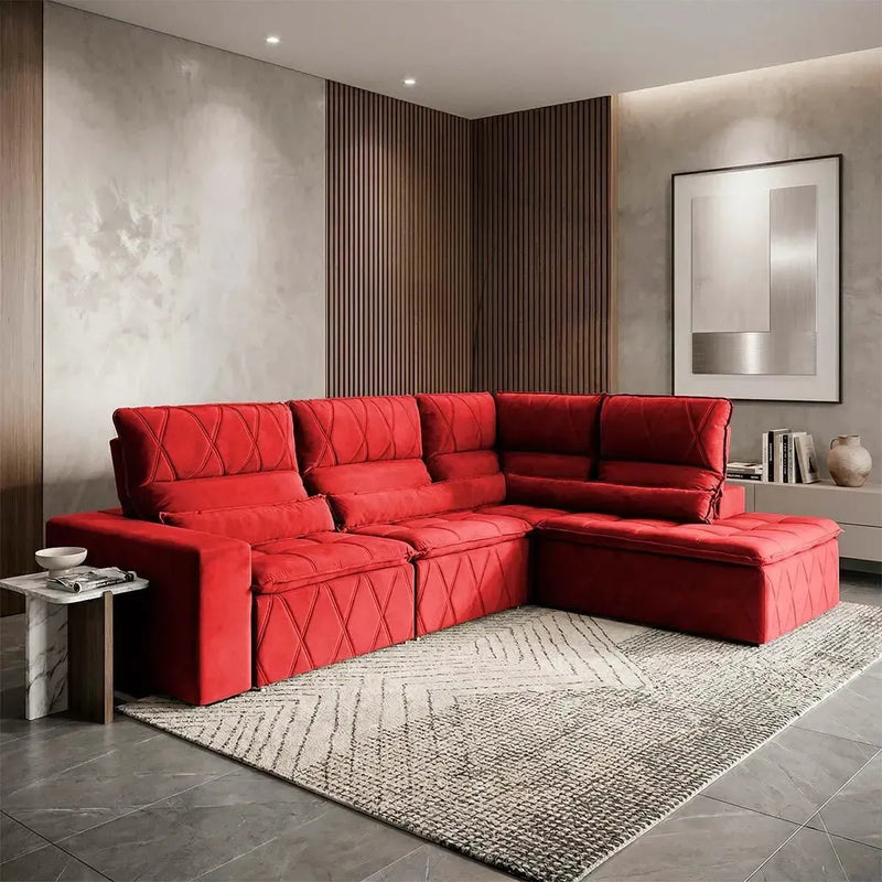 Sofá de canto Amsterdam vermelho em suede velut, retrátil e reclinável, com molas.