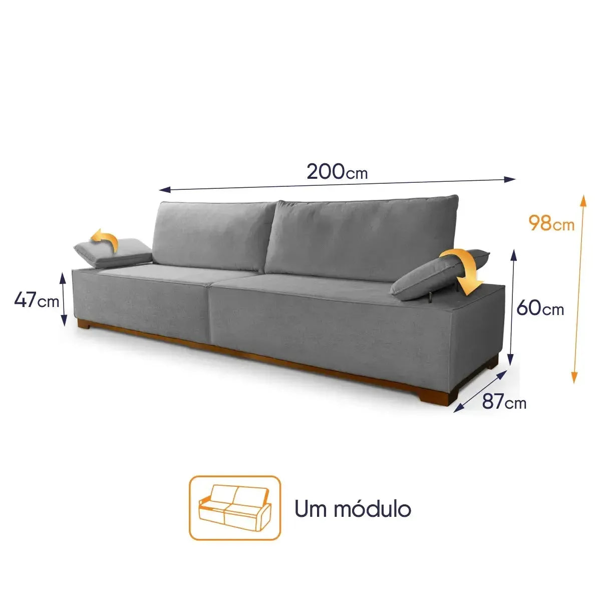 Sofá Living Braço Articulado Deluxe 2,00m Bouclê Cinza