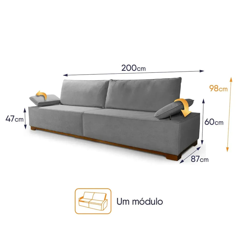 Sofá Living Braço Articulado Deluxe 2,00m Bouclê Cinza