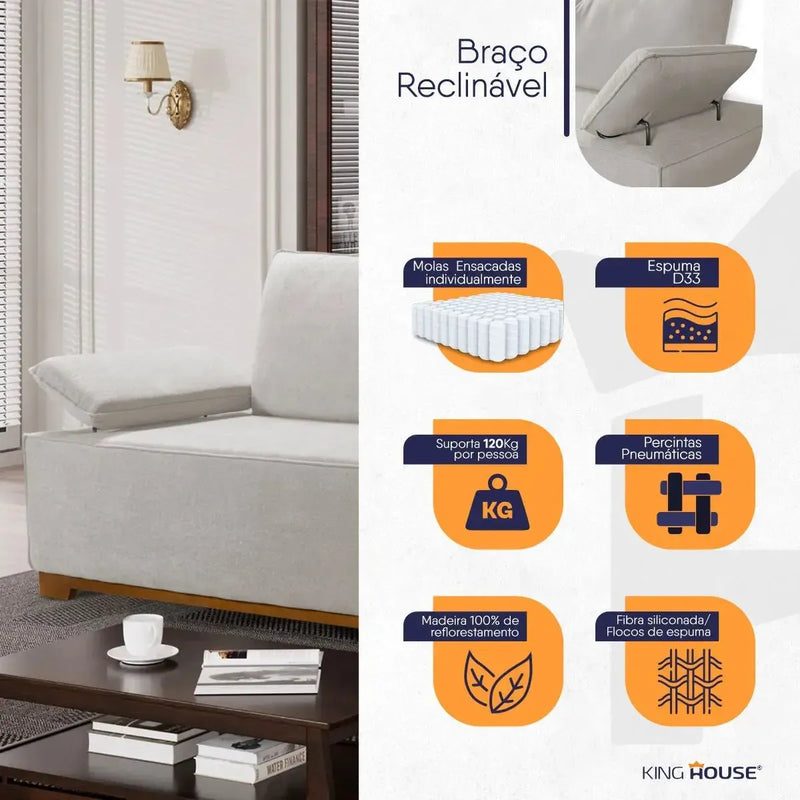 Sofá Living Braço Articulado Deluxe 2,00m Bouclê Off White