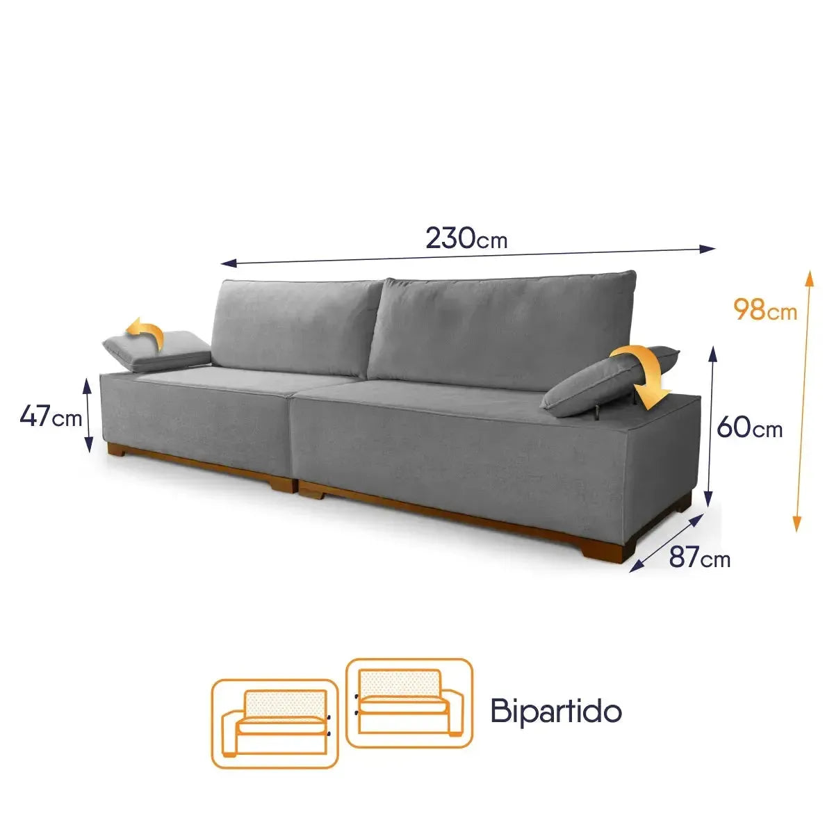 Sofá Living Braço Articulado Deluxe 2,30m Bouclê Cinza