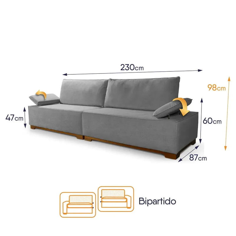 Sofá Living Braço Articulado Deluxe 2,30m Bouclê Cinza