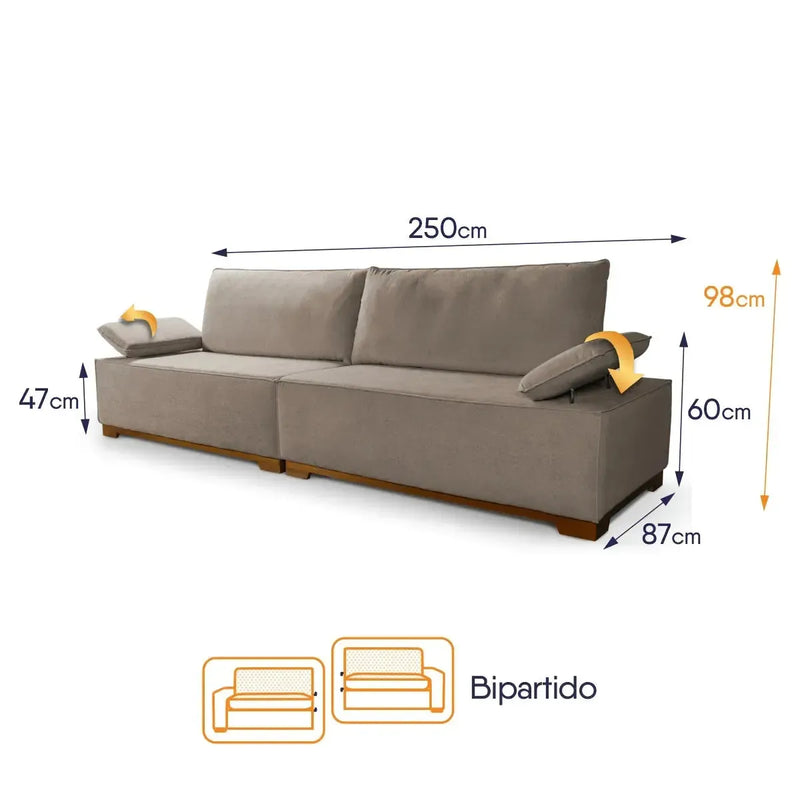 Sofá Living Braço Articulado Deluxe 2,50m Bouclê Bege