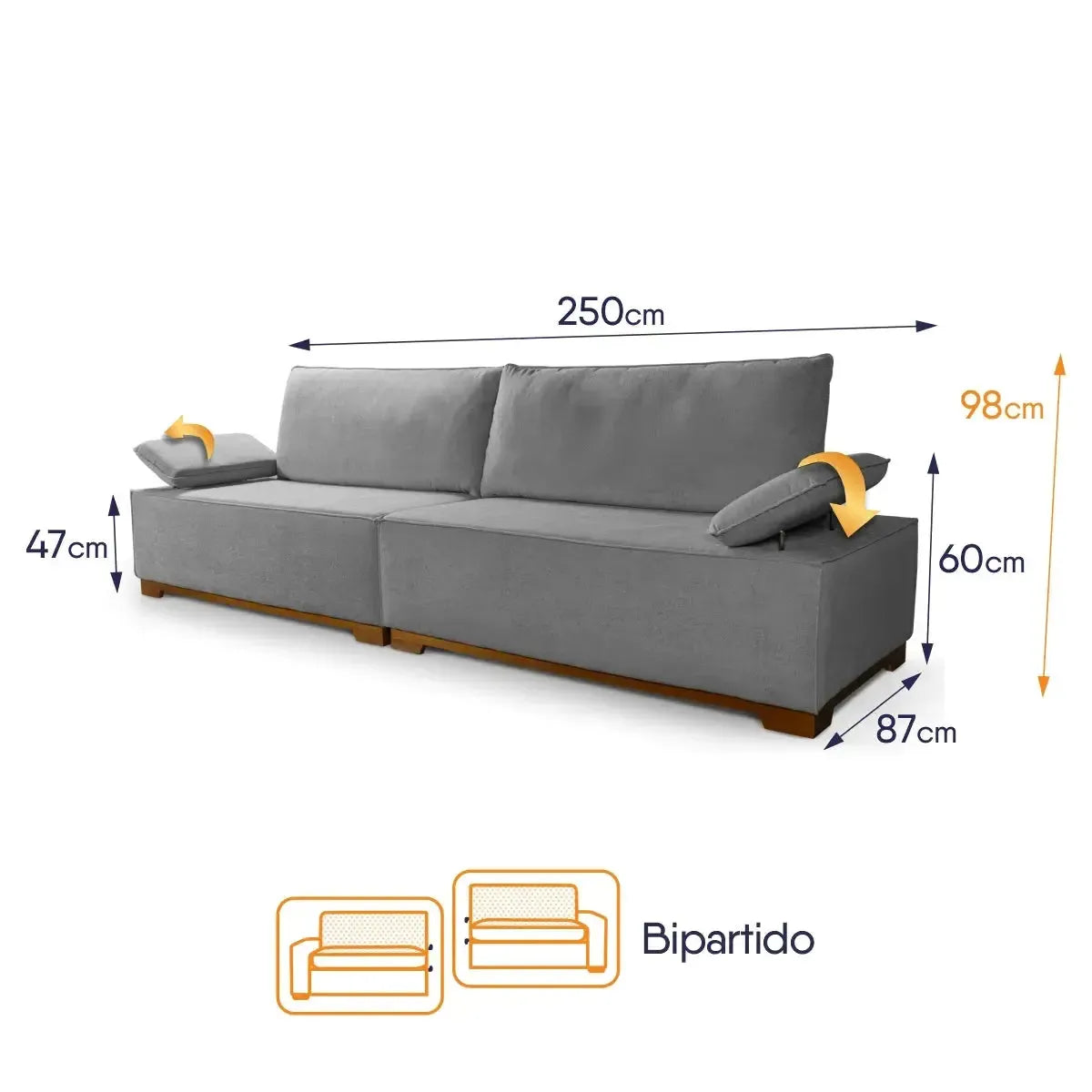 Sofá Living Braço Articulado Deluxe 2,50m Bouclê Cinza