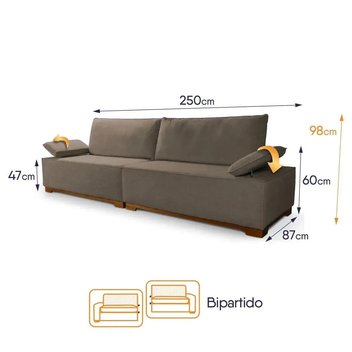 Sofá Living Braço Articulado Deluxe 2,50m Bouclê Marrom