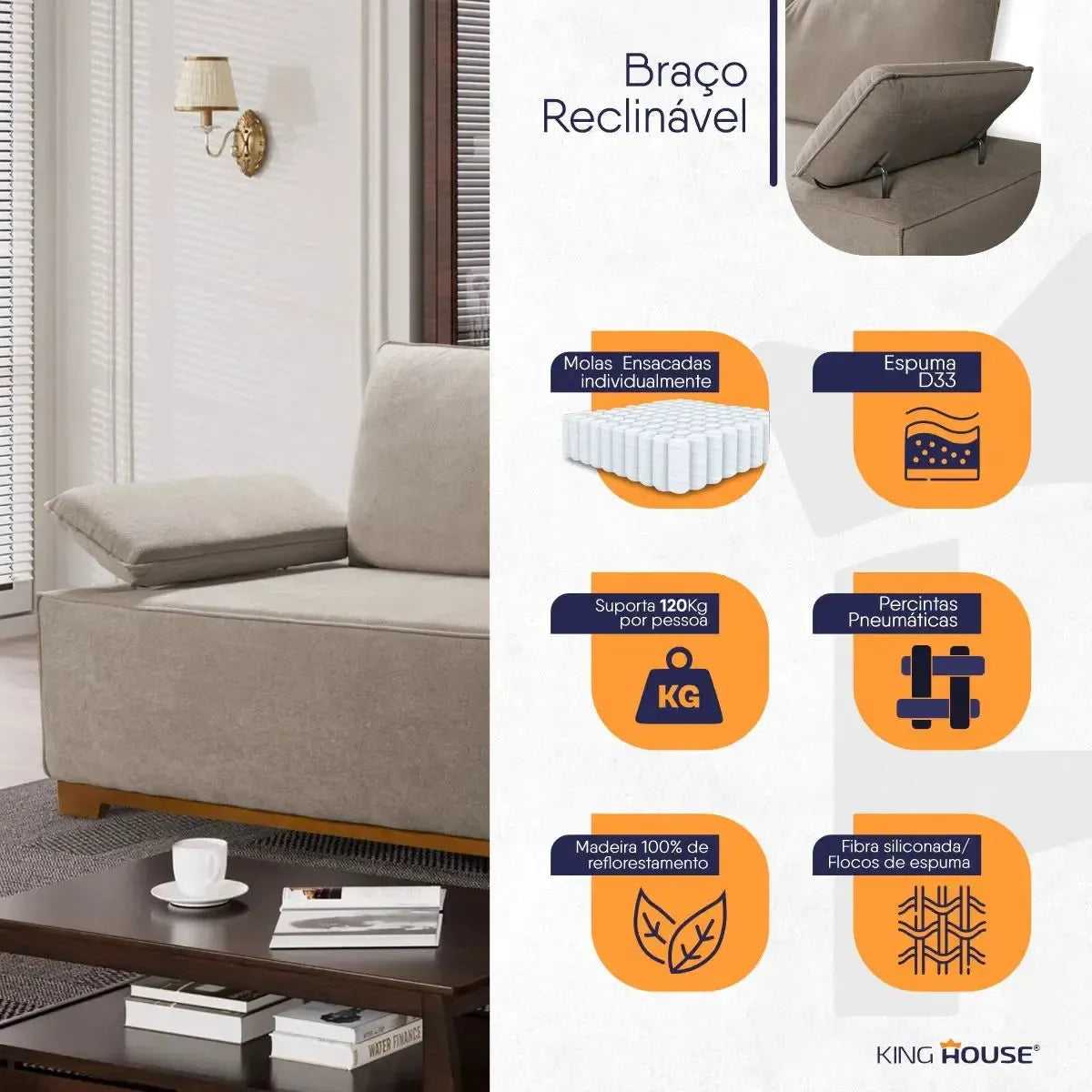 Sofá Living Braço Articulado Deluxe 3,00m Bouclê Bege