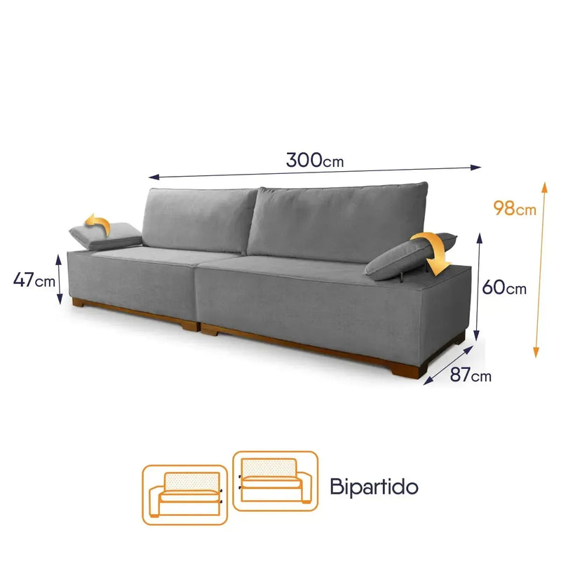 Sofá Living Braço Articulado Deluxe 3,00m Bouclê Cinza