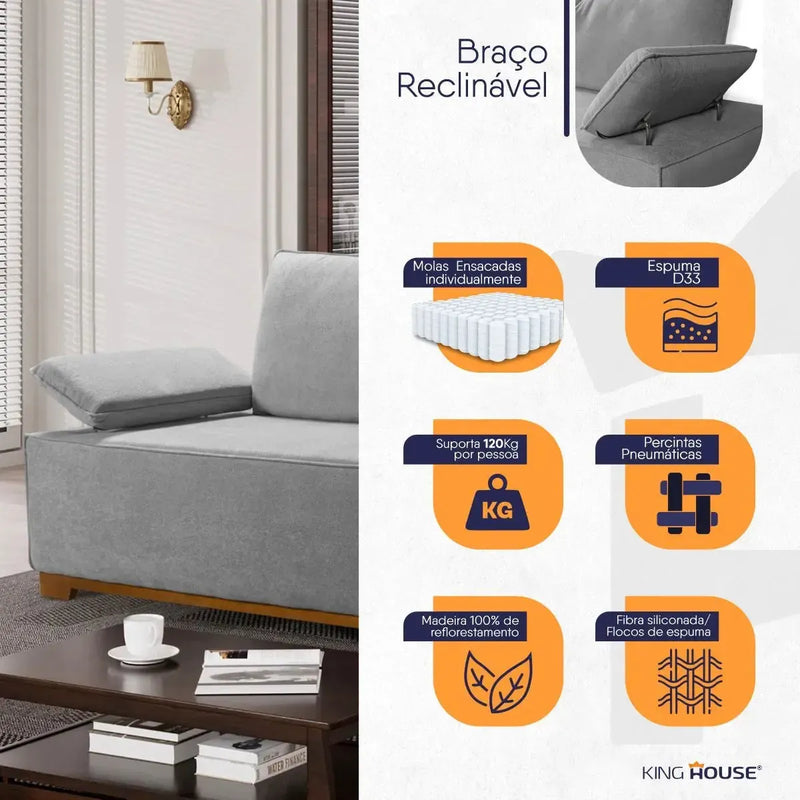 Sofá Living Braço Articulado Deluxe 3,00m Bouclê Cinza