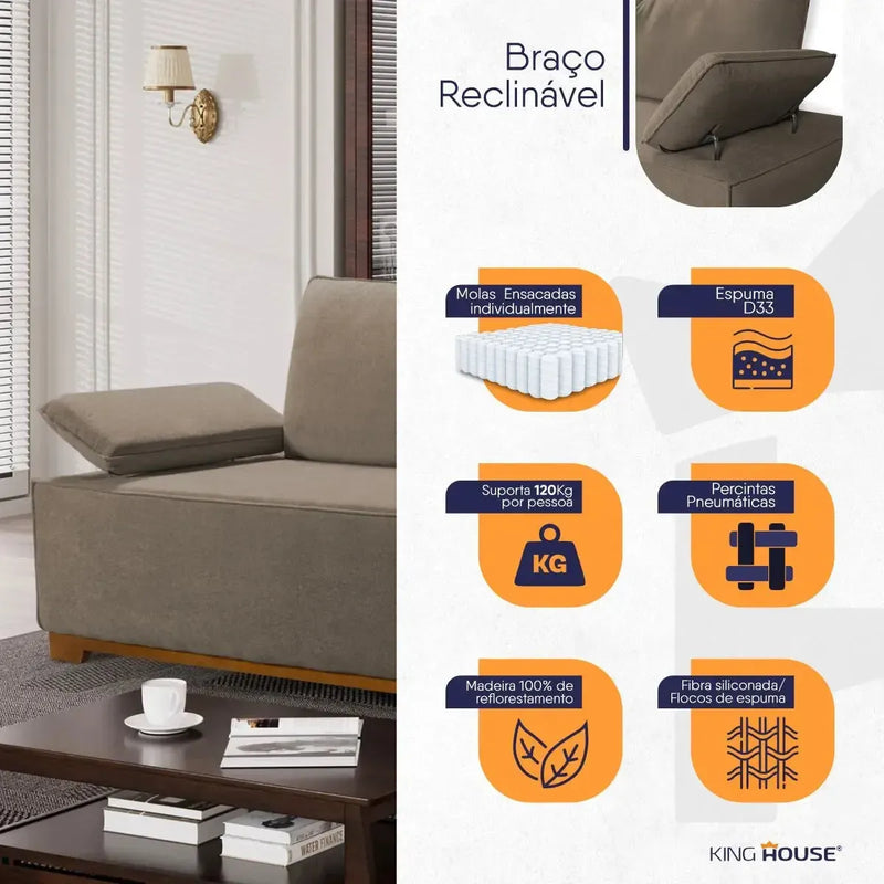 Sofá Living Braço Articulado Deluxe 3,00m Bouclê Marrom