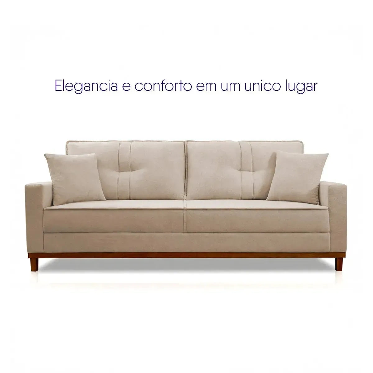 Sofá Living Malibu 2,00m bege bouclê com base de madeira e almofadas.