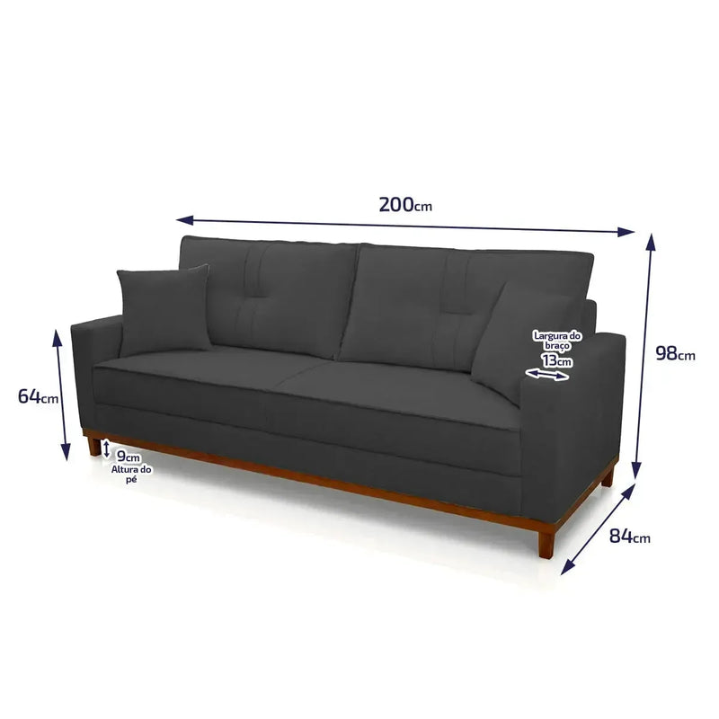 Sofá Living Malibu 2,00m grafite bouclê, design moderno com pés de madeira e almofadas laterais.