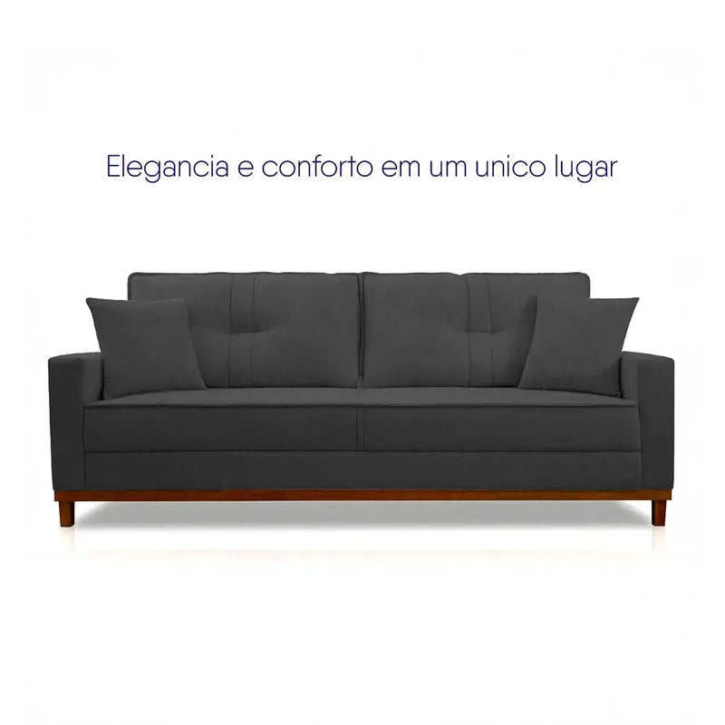 Sofá Living Malibu 2,00m grafite bouclê com base e pés de madeira, design elegante e moderno.