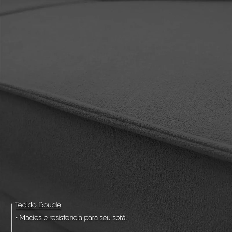 Sofá Living Malibu grafite bouclê, detalhe da textura macia e resistente do tecido.