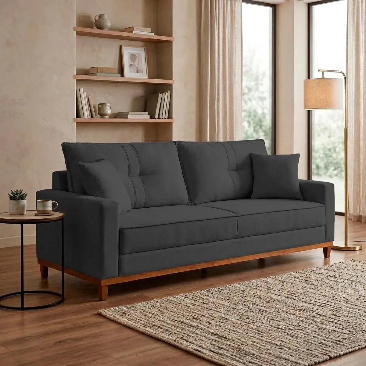 Sofá Living Malibu 2,00m grafite bouclê com base de madeira, em sala moderna e aconchegante.