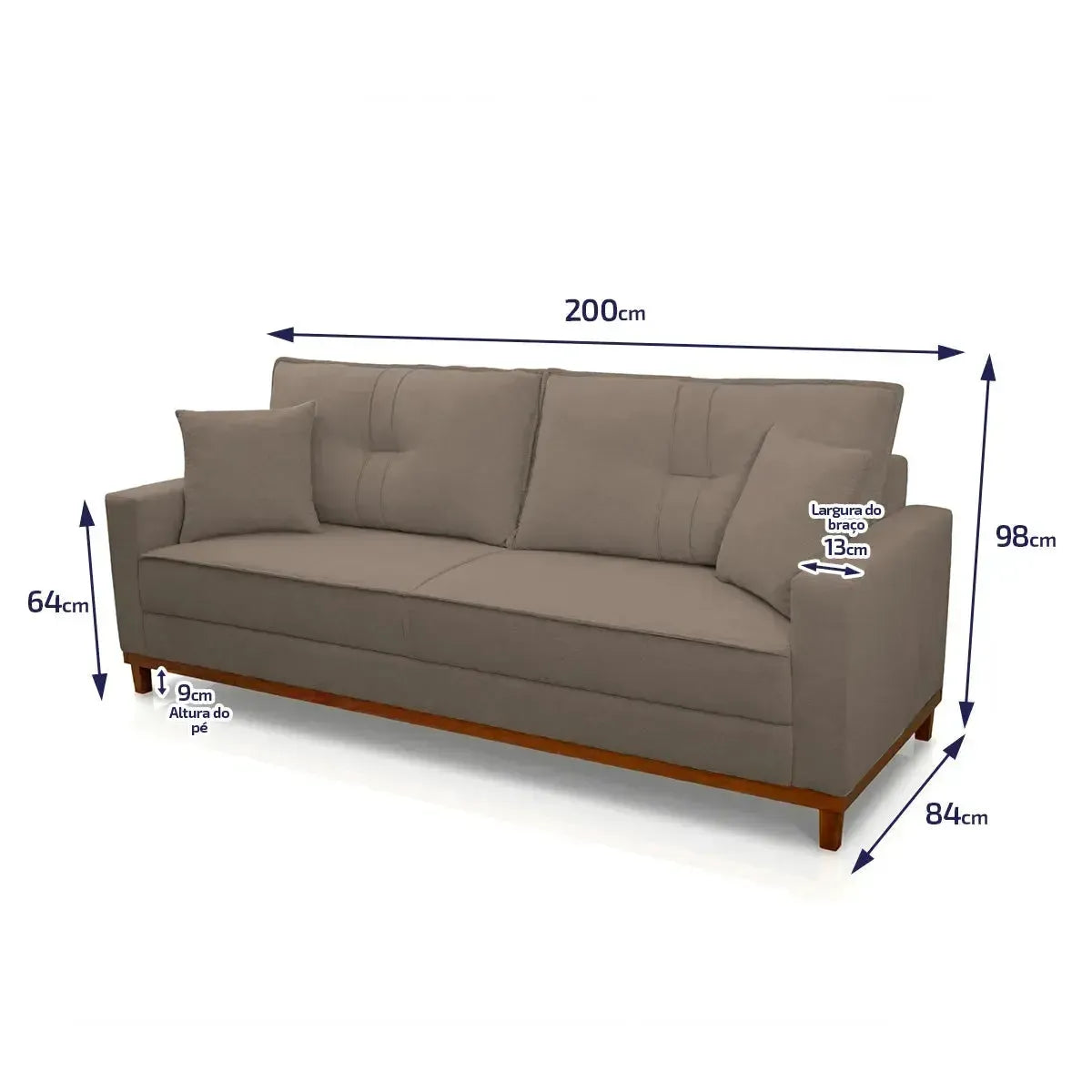 Sofá Living Malibu marrom bouclê de 200cm, com design moderno, pés de madeira e almofadas laterais.